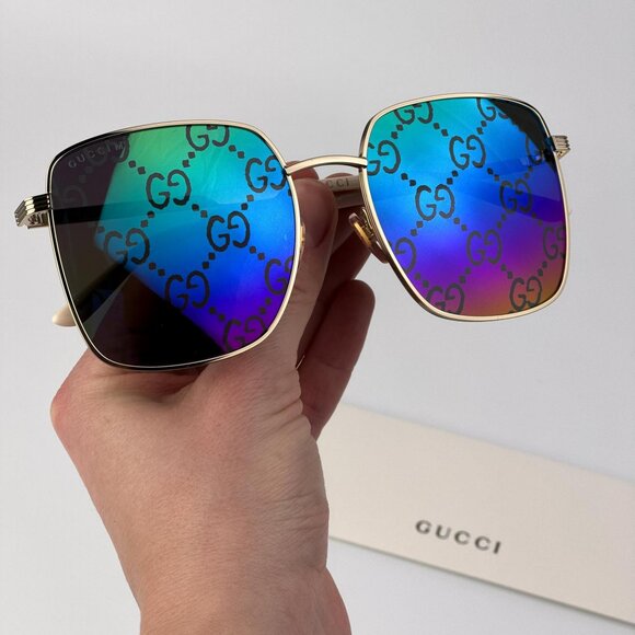 Gucci GG0802S 004 Women’s Sunglasses Gold Square Frame with Multicolor GG Mirror main image 9